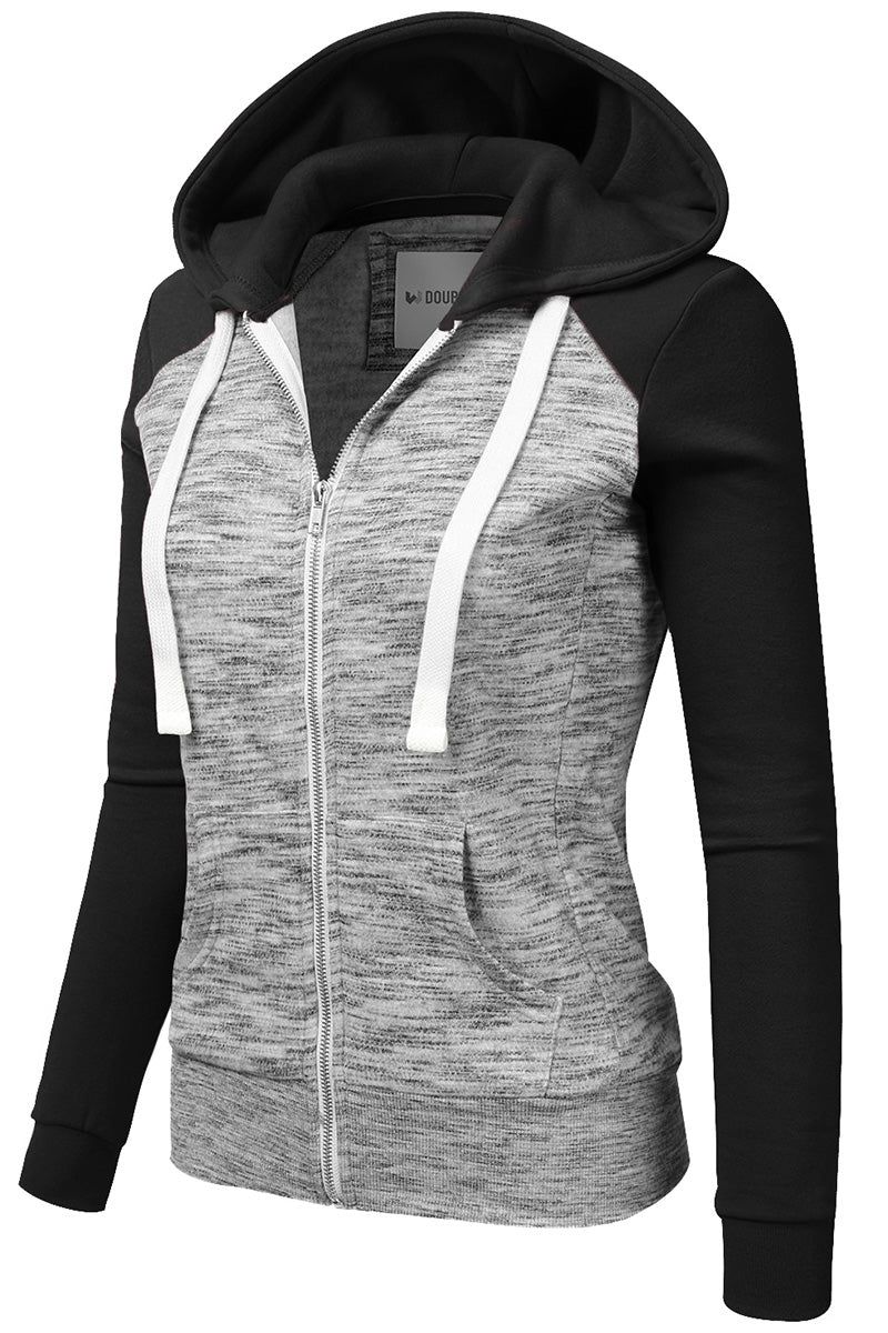 WOMENS LONG SLEEVE ZIP-UP 2 TONE COLOR HOODED JACKET WITH 2 SIDE HAND POCKETS AND WHITE STRAP