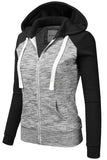 WOMENS LONG SLEEVE ZIP-UP 2 TONE COLOR HOODED JACKET WITH 2 SIDE HAND POCKETS AND WHITE STRAP