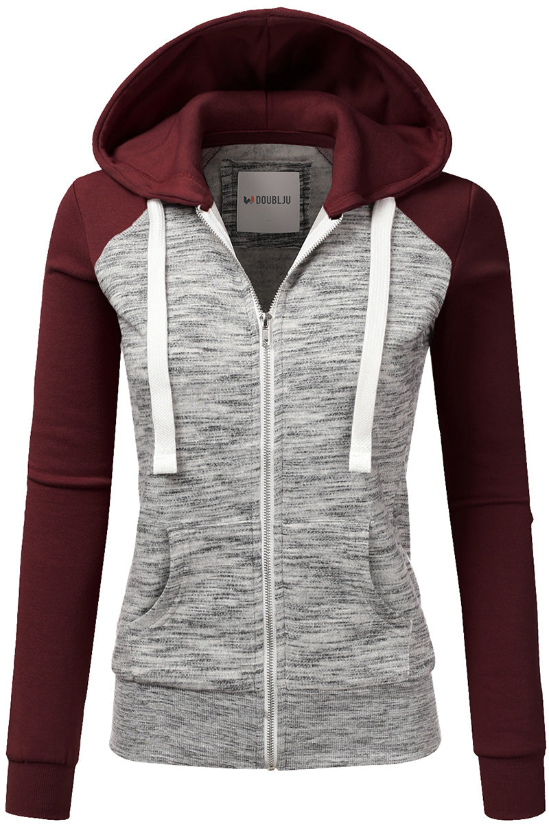 WOMENS LONG SLEEVE ZIP-UP 2 TONE COLOR HOODED JACKET WITH 2 SIDE HAND POCKETS AND WHITE STRAP