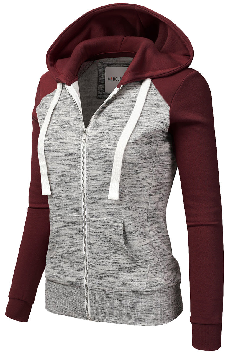 WOMENS LONG SLEEVE ZIP-UP 2 TONE COLOR HOODED JACKET WITH 2 SIDE HAND POCKETS AND WHITE STRAP