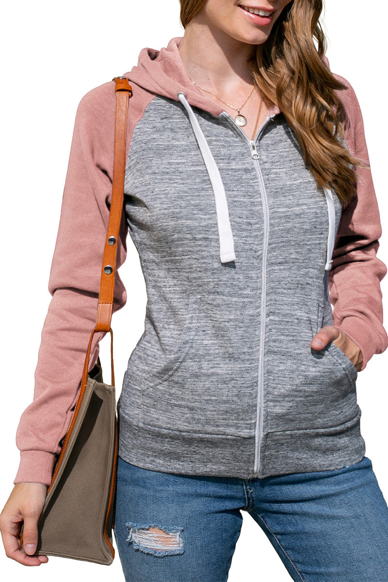 WOMENS LONG SLEEVE ZIP-UP 2 TONE COLOR HOODED JACKET WITH 2 SIDE HAND POCKETS AND WHITE STRAP