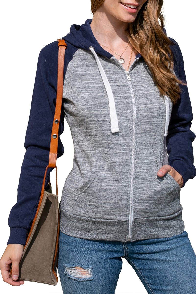 WOMENS LONG SLEEVE ZIP-UP 2 TONE COLOR HOODED JACKET WITH 2 SIDE HAND POCKETS AND WHITE STRAP