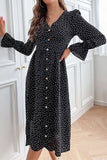 BUTTONED RUFFLED SLEEVE POLKA DOT MIDE DRESS