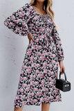 FLORAL SQUARE NECK FRILL MIDI DRESS