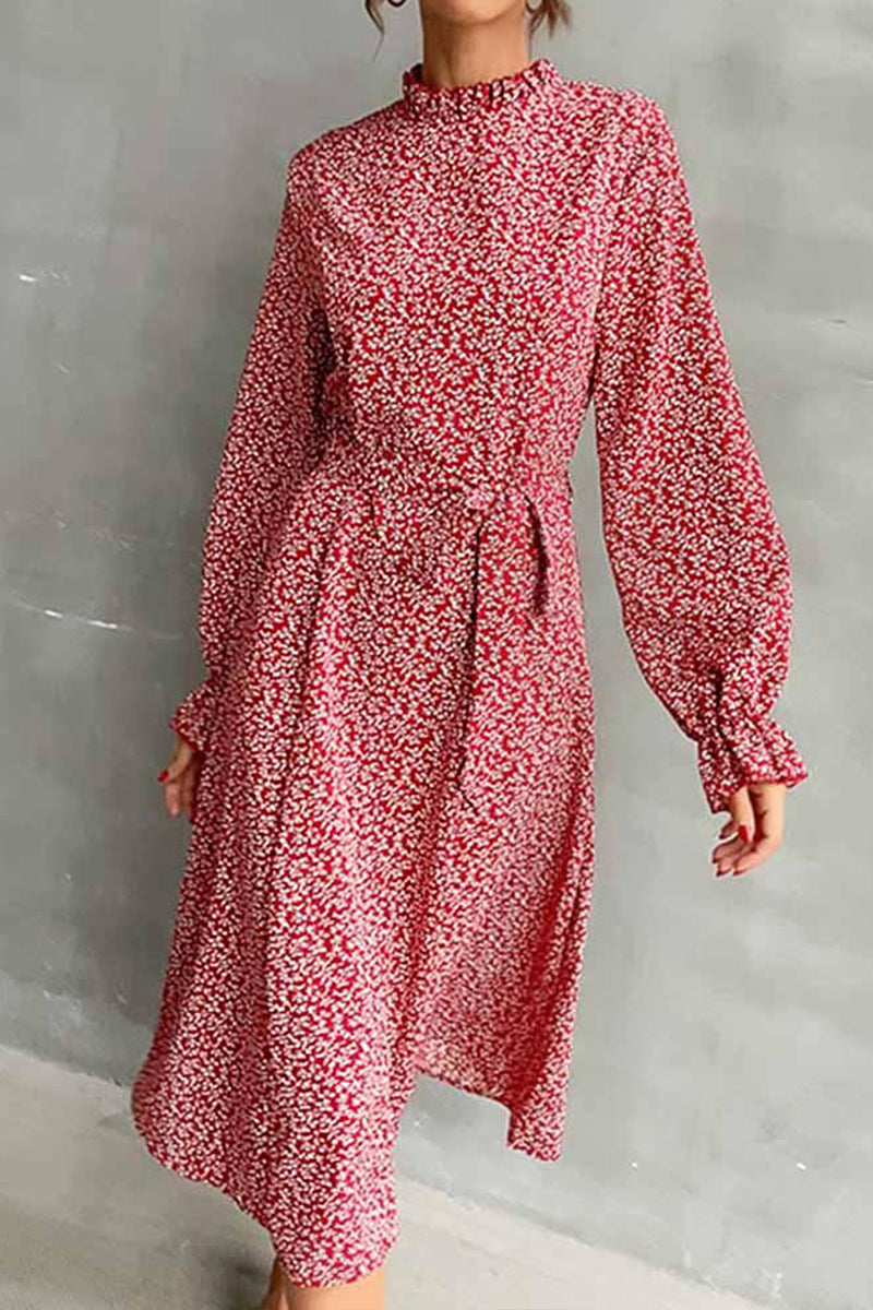 FLORAL HIGH NECK FRILL RIBBED LONGSLEEVE DRESS
