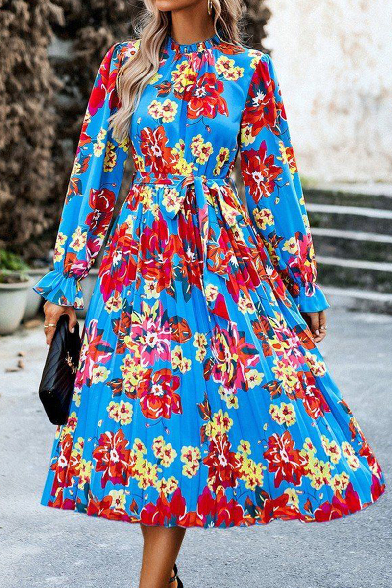 SHIRRED HIGH NECK LANTERN SLEEVE FLORAL DRESS