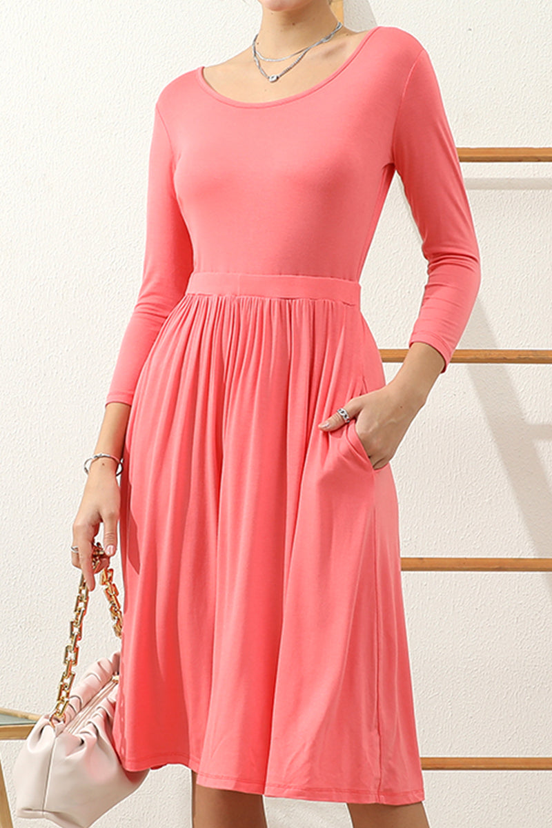 U NECK A LINE WAIST BANDED SWING KNEE LENGTH DRESS