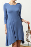 ROUND NECK UNBALANCED HEM CAUSAL MIDI SOLID DRESS