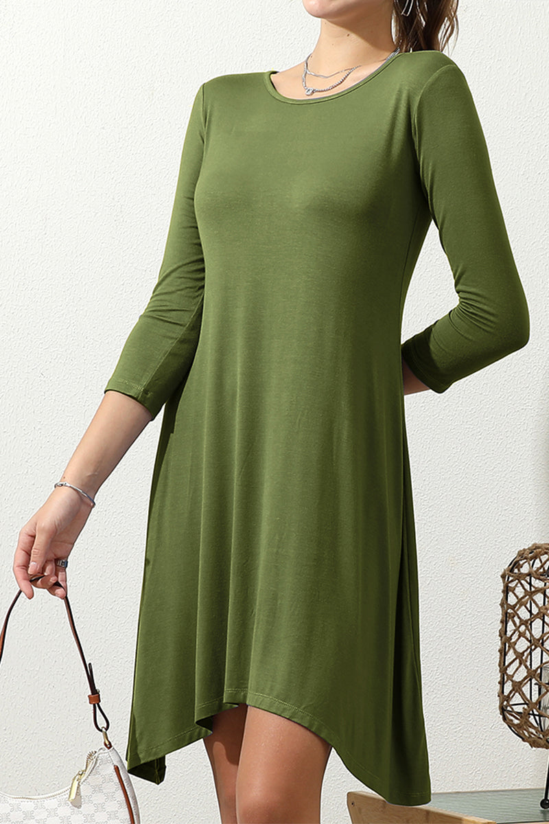 ROUND NECK UNBALANCED HEM CAUSAL MIDI SOLID DRESS