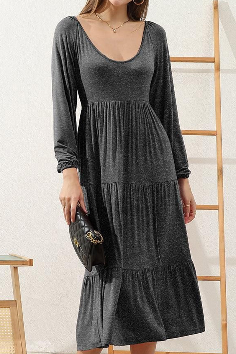 ROUND NECK TIRED CASUAL RUFFLE MAXI SOLID DRESS