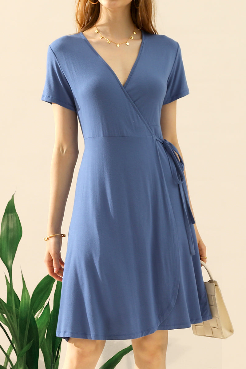 V NECK CASUALSHORT SLEEVE WRAP DRESSES