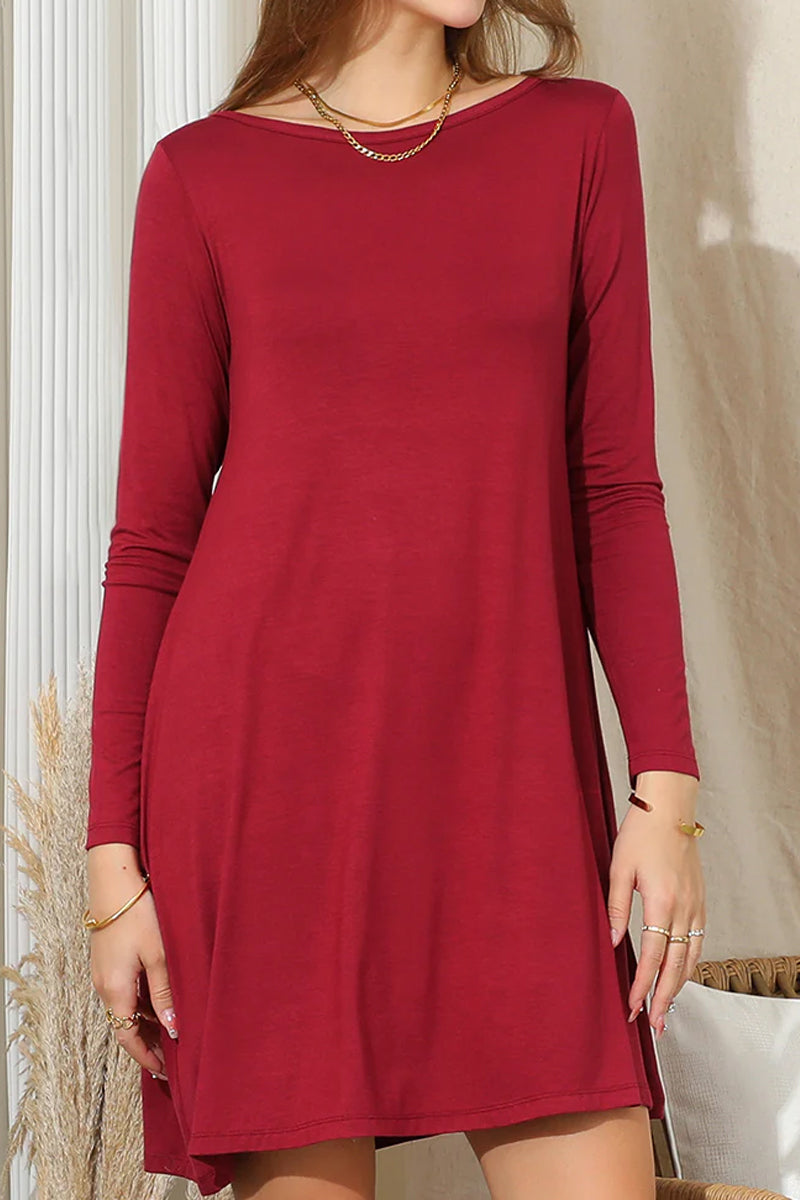 LONG SLEEVE WIDE ROUND NECK LOOSE FIT DRESS