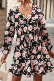 V NECK BIG FLORAL PRINTING RUFFLED SHORT DRESS