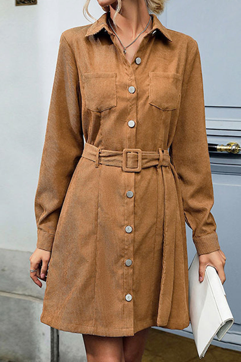 WAIST BELT BUTTON DOWN CORDUROY SHIRTS DRESS