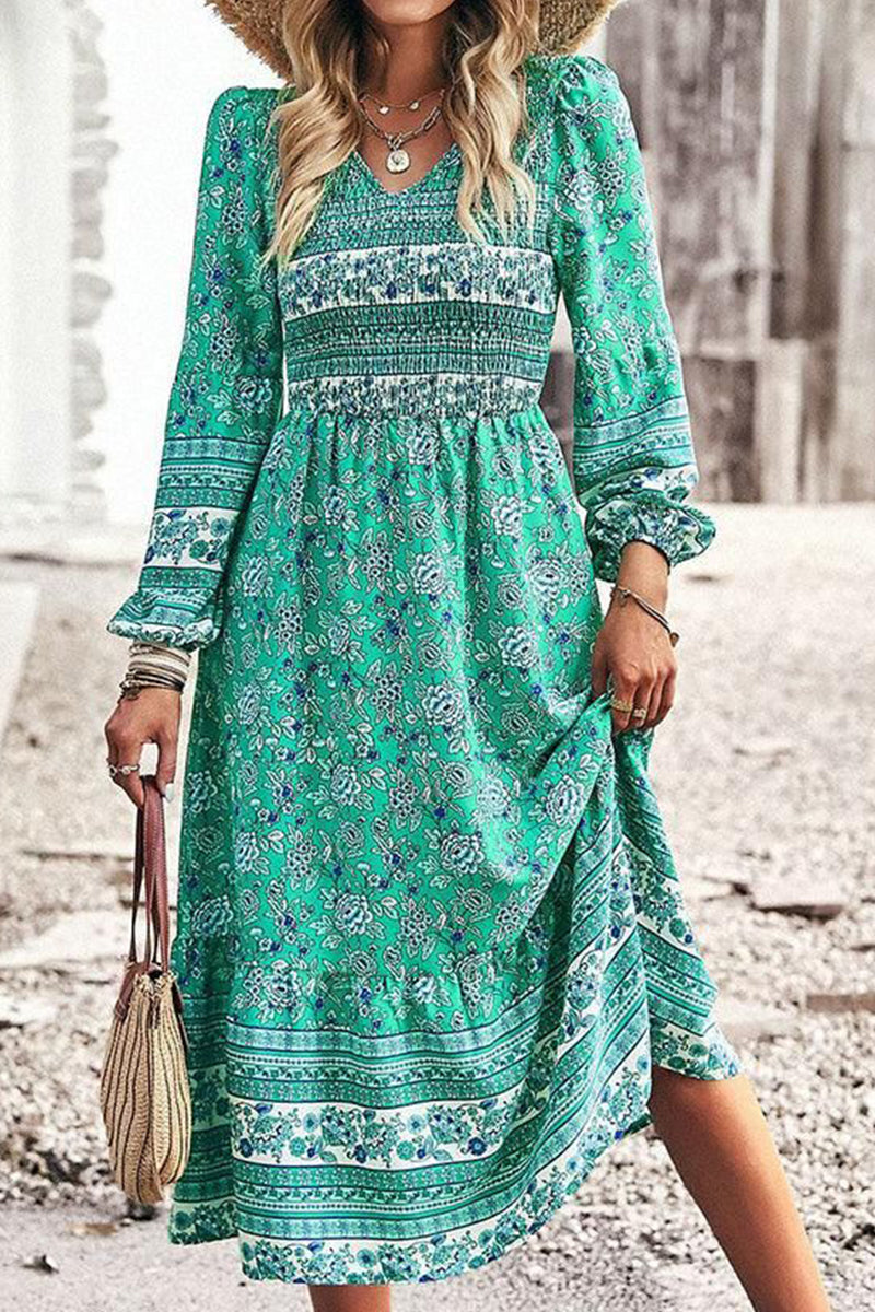 LONG SLEEVE SMOKED BOHEMIAN FLARE DRESS