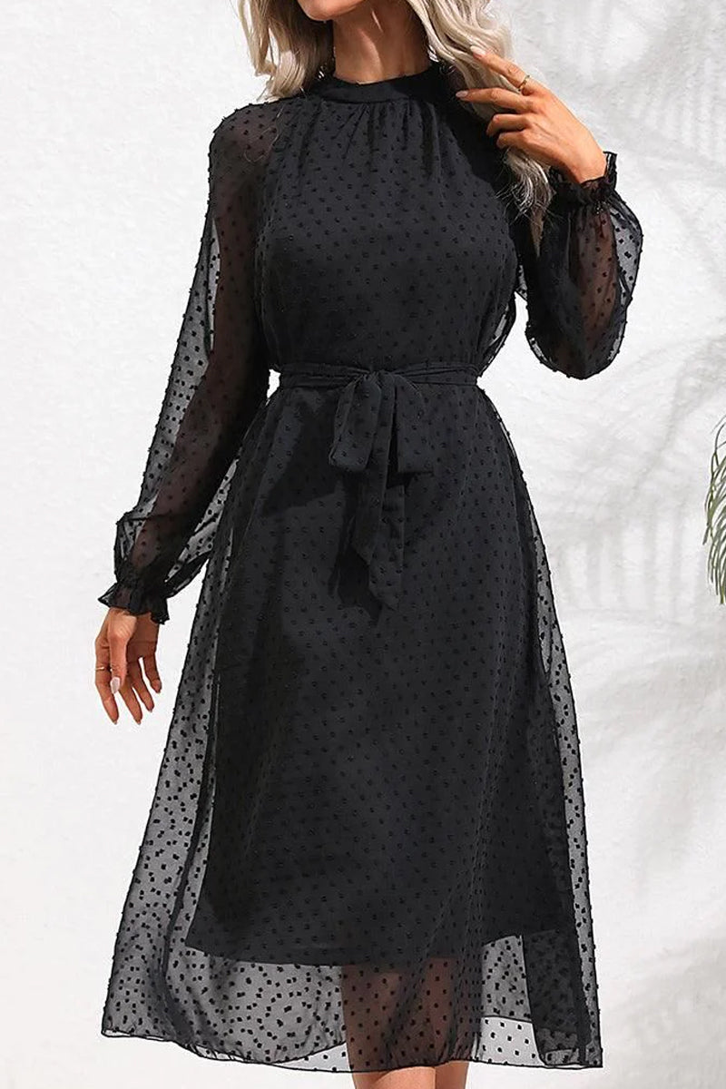 TIED WAIST LONG RUFFLED SLEEVE DOT MESH DRESS