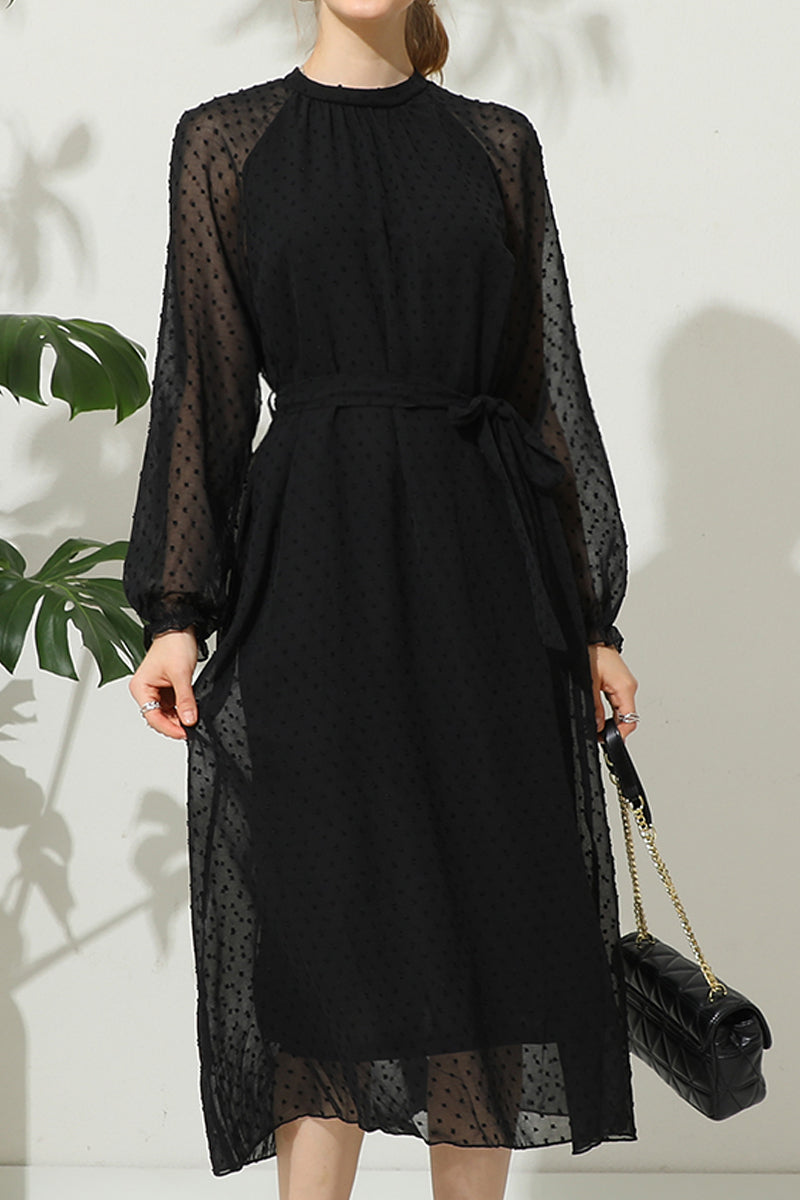 TIED WAIST LONG RUFFLED SLEEVE DOT MESH DRESS