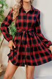 WOMEN ELASTIC CUFF BUTTON UP PLAID SHIRTS DRESS