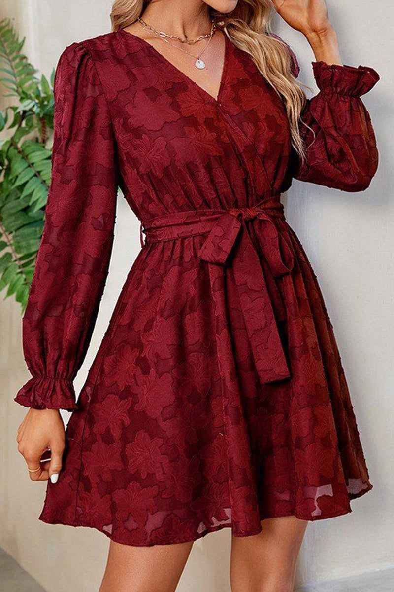 WOMEN FLORAL LACE TRIM BELTED FLOUNCE DRESS