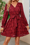 WOMEN FLORAL LACE TRIM BELTED FLOUNCE DRESS