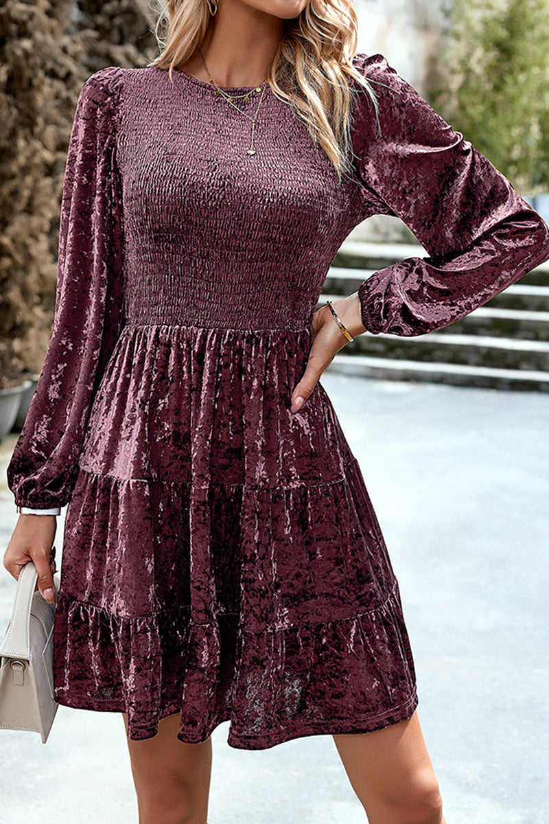 WOMEN SATIN SMOCKED TIERED LONG SLEEVE DRESS