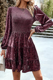 WOMEN SATIN SMOCKED TIERED LONG SLEEVE DRESS