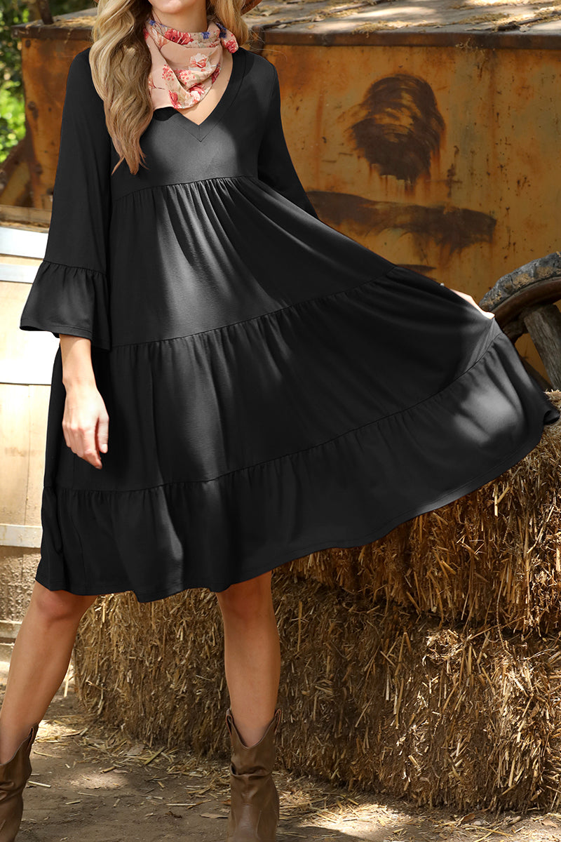 V NECK 3 TIERED RUFFLE DRESS WITH RUFFLE SLEEVE