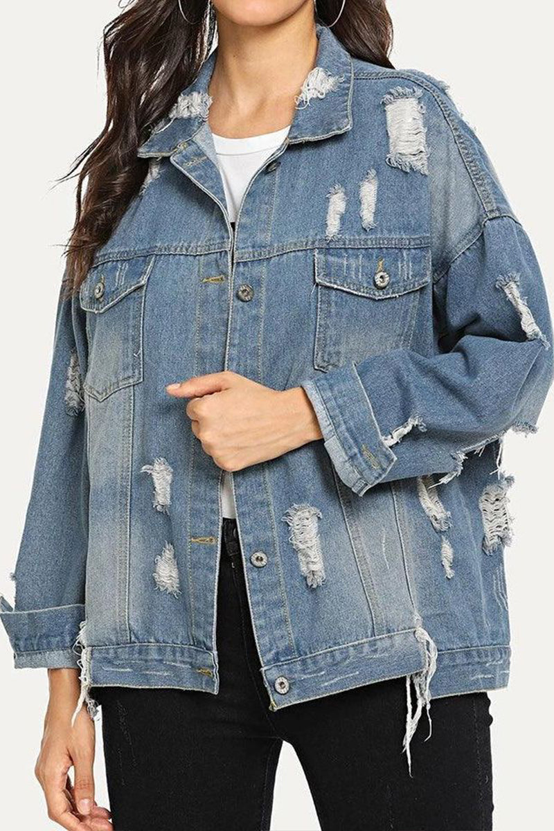 DISTRESSED BUTTON DOWN LONG SLEEVE DENIM JACKET