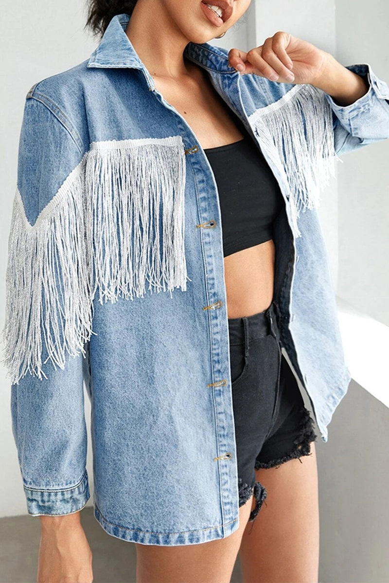 TASSEL DETAILED BUTTON DOWN DENIM JACKET