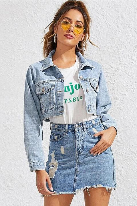 DISTRESSED CROP DENIM JACKET WITH POCKETS