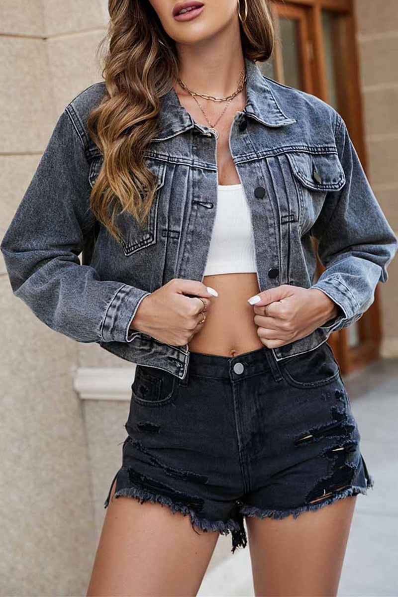 LONG SLEEVE CROP DENIM JACKET WITH POCKETS