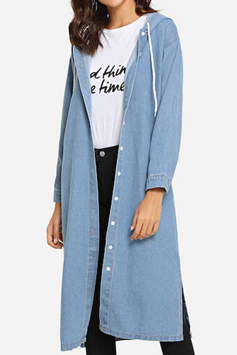 BUTTON CLOSURE HOODED LONG DENIM JACKET