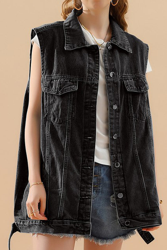 VINTAGE BUTTON UP POCKET COLLAR DENIM VEST