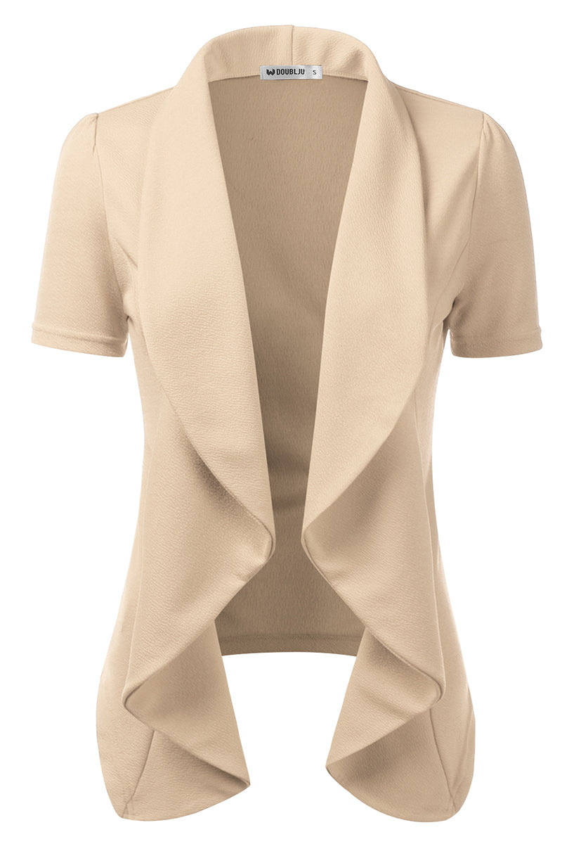 WOMENS SHORT SLEEVE SUMMER BLAZER STRETCH LIGHTWEIGHT OPEN FRONT DRAPED RUFFLES BLOUSES CARDIGAN WITH PLUS SIZE(S-3X)
