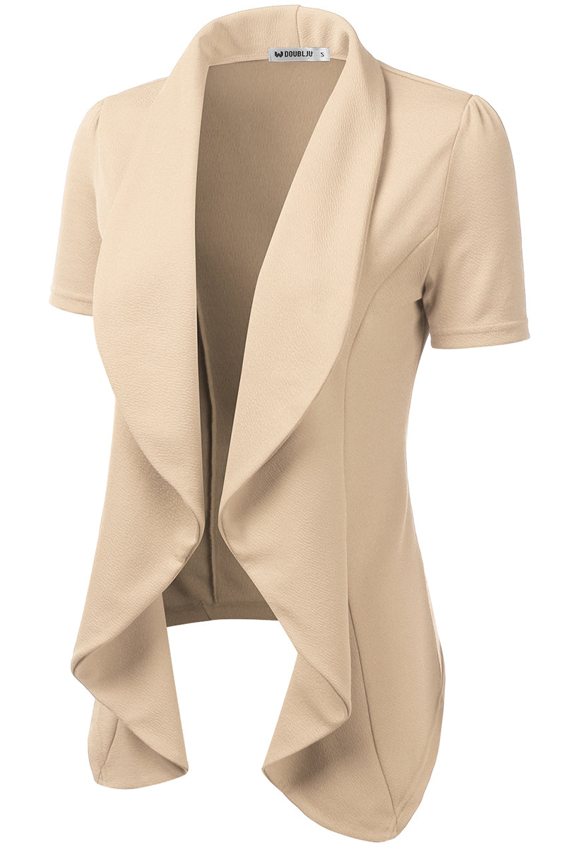 WOMENS SHORT SLEEVE SUMMER BLAZER STRETCH LIGHTWEIGHT OPEN FRONT DRAPED RUFFLES BLOUSES CARDIGAN WITH PLUS SIZE(S-3X)