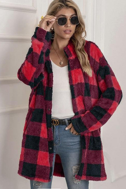 BUFFALO PLAID FLEECE FAUX FUR LAPEL JACKET COAT