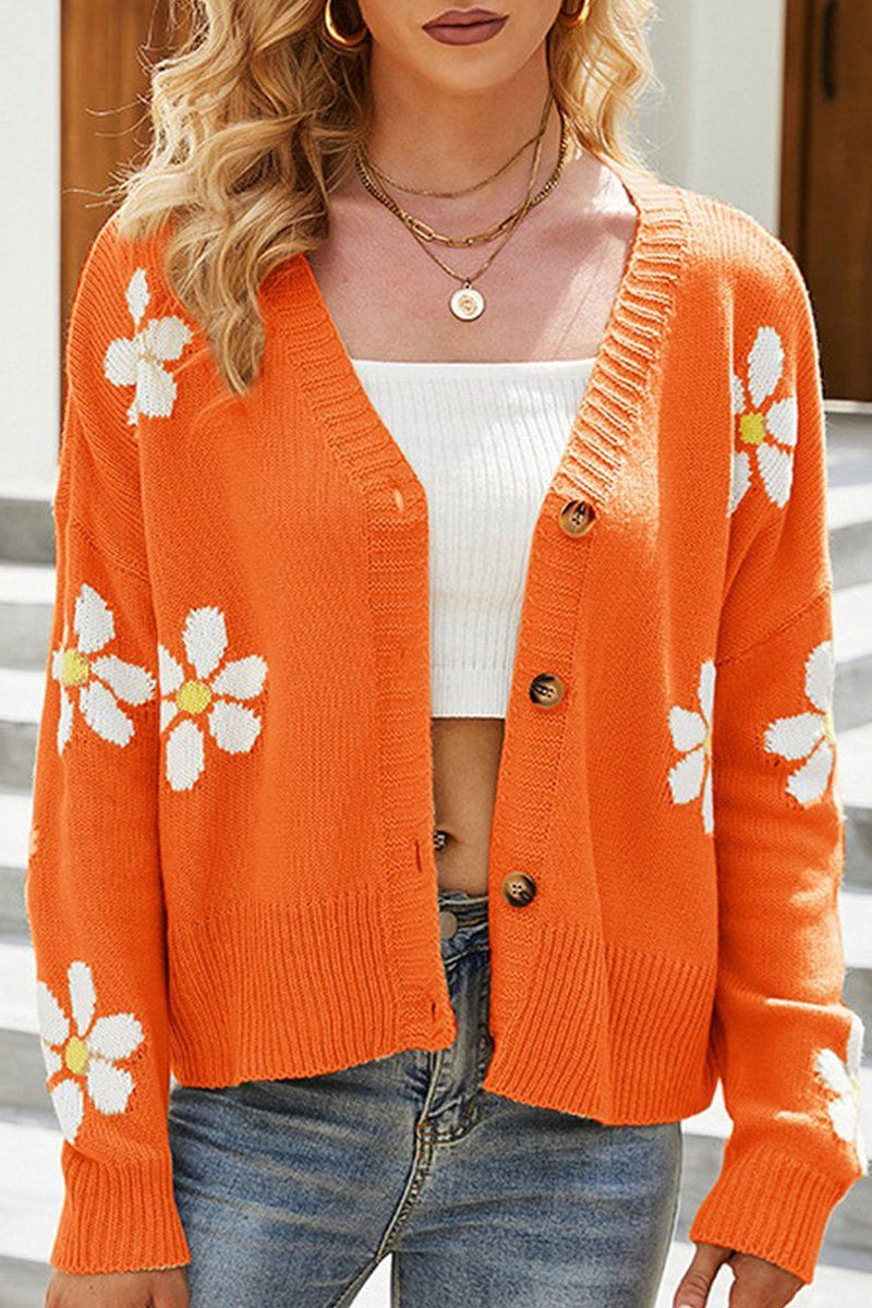 WOMEN FLOWER PRINTING BUTTON UP KNIT CARDIGAN