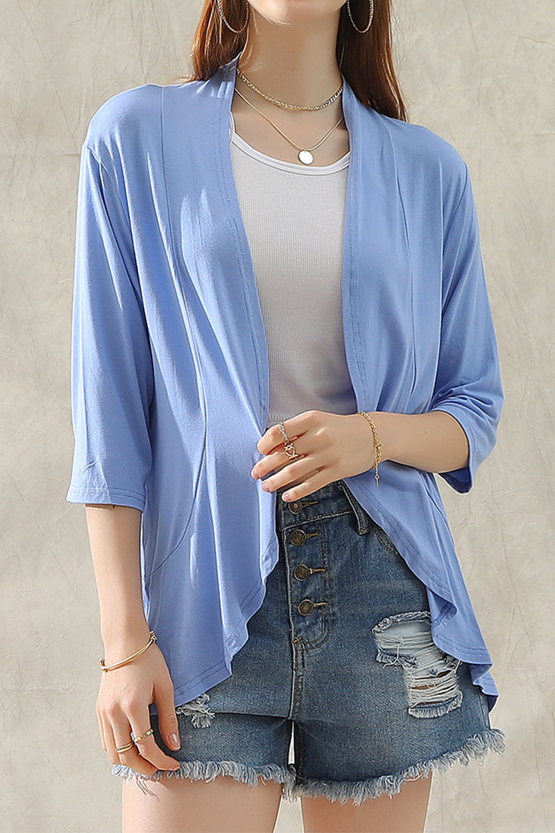 QUARTER SLEEVE RUFFLED FRONT OPEN CARDIGAN