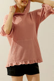 HOODED 3/4 RUFFLED SLEEVE KNIT SWEATER WITH POCKET