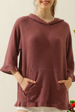 HOODED 3/4 RUFFLED SLEEVE KNIT SWEATER WITH POCKET