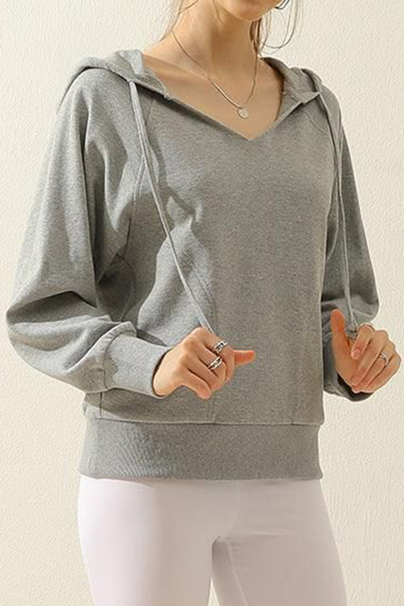 V NECK COTTON HOOIDE SWEATSHIRT TOP