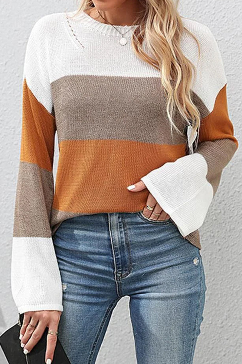 KNITTED COLOR BLOCK CASUAL SWATER TOP