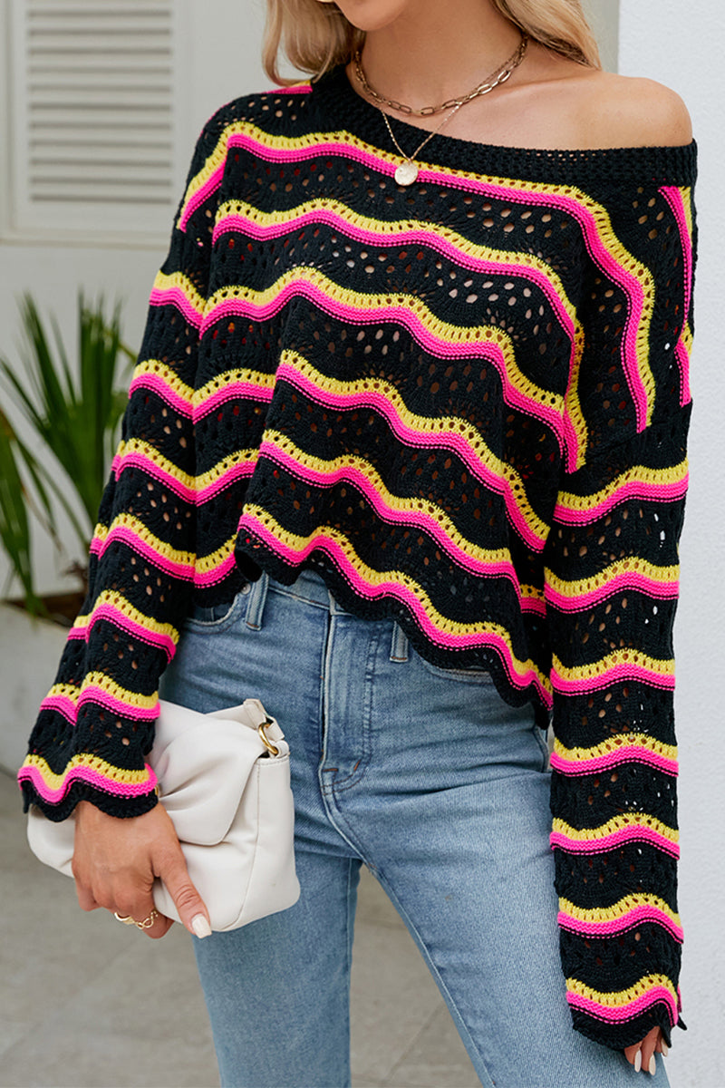 LOOSE FIT RIBBED CREWNECK WAVE PATTERN SWEATER