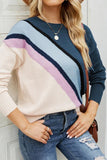 WOMEN COLOR STRIPED RIB SLEEVE PULLOVER