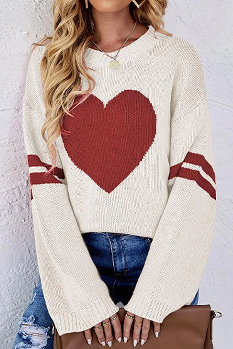 WOMEN OVERSIZED HEART PRINTING RIBBED PULLOVER TOP