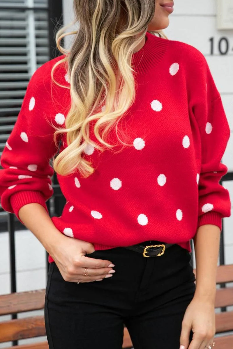 RIBBED NECK POLKADOT PRINTING PULLOVER SWEATER