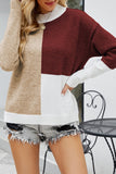 WOMEN HIGH NECK COLOR BLOCKED PULLOVER SWEATER