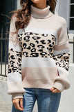 HIGH COLLAR LEOPARD PATTERN CONTRAST SWEATER TOP