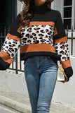 HIGH COLLAR LEOPARD PATTERN CONTRAST SWEATER TOP