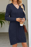 WOMEN CABLE KNIT V NECK SWEAT DRESS